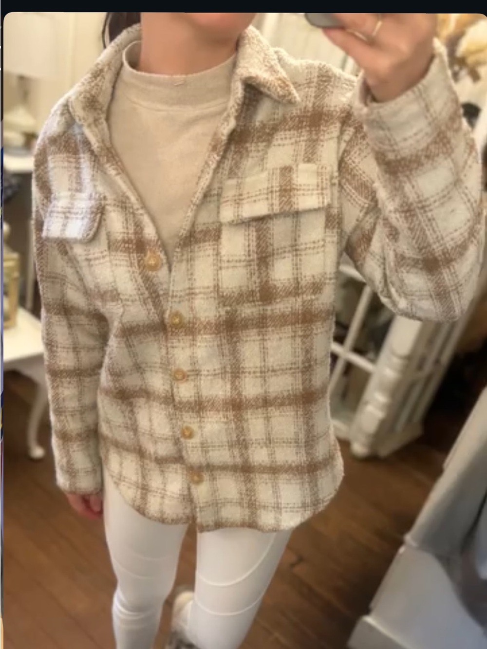 Plaid Button-Front Shacket in off white & Tan